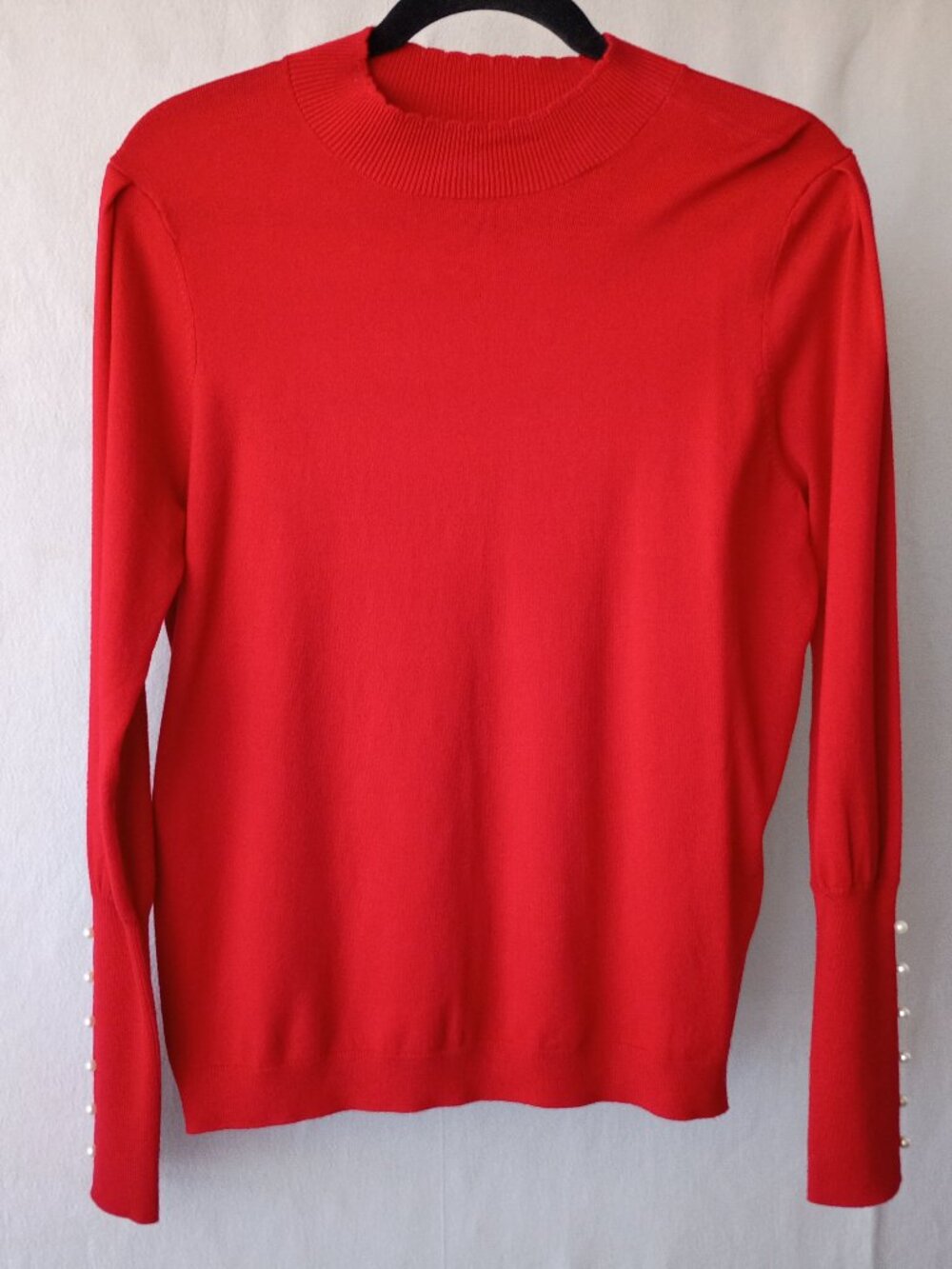JOSEPH A Red Knit Sweater M Pearl Button Cuff Mock Neck Long Sleeve
